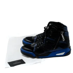 Versace Black/Blue Leather And Suede High Top Sneakers Size 42 For Men -Versace Official Website luxury men versace used shoes p197412 008