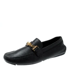 Versace Black Grained Leather Medusa Icon Chain Detail Loafers Size 42 For Men