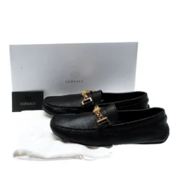 Versace Black Grained Leather Medusa Icon Chain Detail Loafers Size 42 For Men -Versace Official Website luxury men versace used shoes p200160 008
