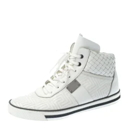 Versace White Woven Leather Lace High Top Sneakers Size 42 For Men