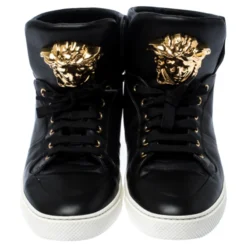 Versace Black Leather Medusa Lace High Top Sneakers Size 44 For Men -Versace Official Website luxury men versace used shoes p237386 006