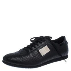 Versace Black Quilted Leather Logo Lace Low Top Sneakers Size 40 For Men