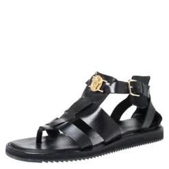 Versace Black Leather Medusa Gladiator Flat Sandals Size 43 For Men