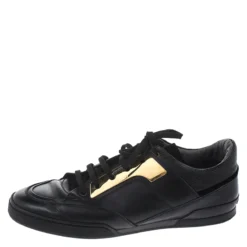 Versace Black Leather Gold Plate Low Top Sneakers Size 42 For Men