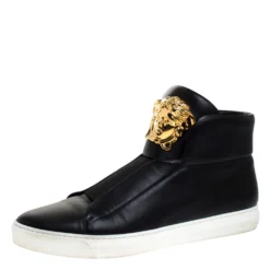 Versace Black Leather Palazzo Slip On High Top Sneakers Size 43 For Men