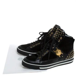 Versace Black Leather And Suede Studded Medusa High Top Sneakers Size 43 For Men -Versace Official Website luxury men versace used shoes p279070 001