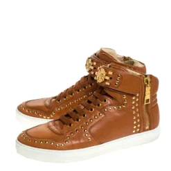 Versace Brown Leather Studded Medusa High Top Sneakers Size 43 For Men -Versace Official Website luxury men versace used shoes p279213 002