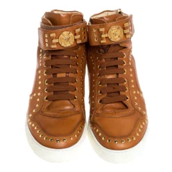 Versace Brown Leather Studded Medusa High Top Sneakers Size 43 For Men -Versace Official Website luxury men versace used shoes p279213 006