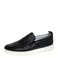Versace Black Greek Key Embossed Leather Slip On Sneakers Size 44 For Men