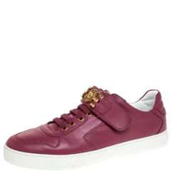 Versace Dark Pink Leather Medusa Strap Lace Up Low Top Sneakers Size 43 For Men