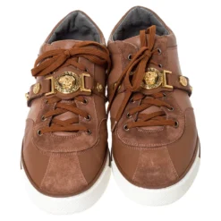 Versace Brown Suede Leather Medusa Low Top Sneakers Size 44 For Men -Versace Official Website luxury men versace used shoes p310144 004