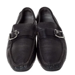Versace Black Leather Buckle Detail Slip On Loafers Size 43 For Men -Versace Official Website luxury men versace used shoes p310156 003