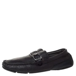 Versace Black Leather Buckle Detail Slip On Loafers Size 43 For Men