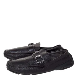 Versace Black Leather Buckle Detail Slip On Loafers Size 43 For Men -Versace Official Website luxury men versace used shoes p310156 007