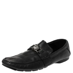 Versace Black Leather Medusa Detail Slip On Loafers Size 43 For Men