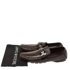 Versace Dark Brown Leather And Patent Trim Medusa Detail Slip On Loafers Size 43 For Men -Versace Official Website luxury men versace used shoes p310607 010