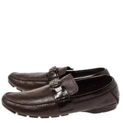 Versace Dark Brown Leather And Patent Trim Medusa Detail Slip On Loafers Size 43 For Men -Versace Official Website luxury men versace used shoes p310607 011