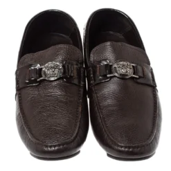 Versace Dark Brown Leather And Patent Trim Medusa Detail Slip On Loafers Size 43 For Men -Versace Official Website luxury men versace used shoes p310607 013