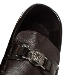 Versace Dark Brown Leather And Patent Trim Medusa Detail Slip On Loafers Size 43 For Men -Versace Official Website luxury men versace used shoes p310607 017