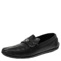 Versace Black Leather Medusa Detail Slip On Loafers Size 42 For Men