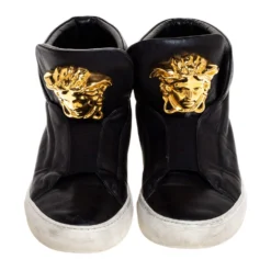 Versace Black Leather Palazzo Medusa High Top Sneakers Size 40 For Men -Versace Official Website luxury men versace used shoes p316262 005