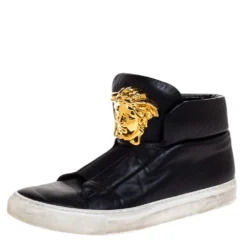Versace Black Leather Palazzo Medusa High Top Sneakers Size 40 For Men