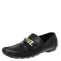 Versace Black Leather Meander Pattern Medusa Loafers Size 43 For Men