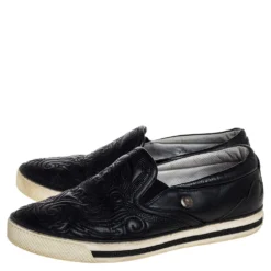 Versace Black Baroque Embroidered Leather Slip On Sneakers Size 41 For Men -Versace Official Website luxury men versace used shoes p322513 009