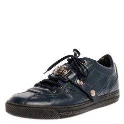 Versace Blue Leather And Croc Embossed Leather Medusa Low Top Sneakers Size 41 For Men