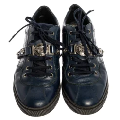 Versace Blue Leather And Croc Embossed Leather Medusa Low Top Sneakers Size 41 For Men -Versace Official Website luxury men versace used shoes p327016 007