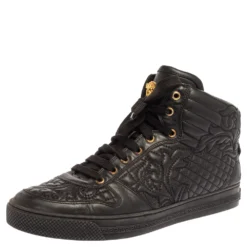Versace Black Embroidered Leather Medusa High Top Sneakers Size 43 For Men