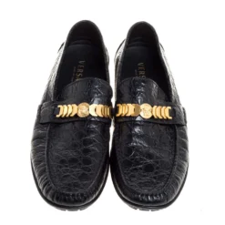 Versace Black Croc Embossed Leather Medusa Loafers Size 45 For Men -Versace Official Website luxury men versace used shoes p352228 004