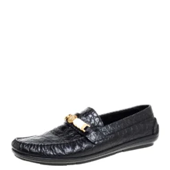 Versace Black Croc Embossed Leather Medusa Loafers Size 45 For Men