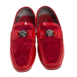 Versace Red Leather And Suede Medusa Detail Slip On Loafers Size 45 For Men -Versace Official Website luxury men versace used shoes p352325 004