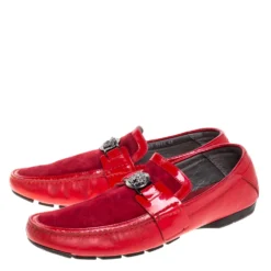 Versace Red Leather And Suede Medusa Detail Slip On Loafers Size 45 For Men -Versace Official Website luxury men versace used shoes p352325 006
