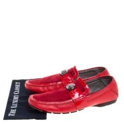 Versace Red Leather And Suede Medusa Detail Slip On Loafers Size 45 For Men -Versace Official Website luxury men versace used shoes p352325 009