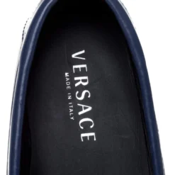 Versace Blue Logo Embossed Leather Medusa Loafers Size 45 For Men -Versace Official Website luxury men versace used shoes p352354 002