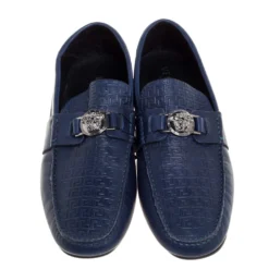 Versace Blue Logo Embossed Leather Medusa Loafers Size 45 For Men -Versace Official Website luxury men versace used shoes p352354 004