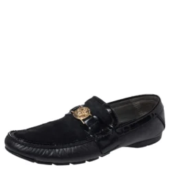 Versace Black Leather And Suede Medusa Loafers Size 44 For Men