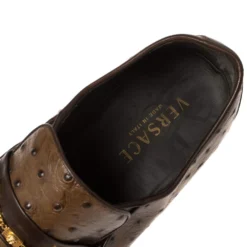 Versace Brown Ostrich Medusa Chain Detail Loafers Size 44 For Men -Versace Official Website luxury men versace used shoes p364599 006