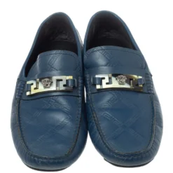 Versace Blue Leather Meander Pattern Medusa Slip On Loafers Size 43 For Men -Versace Official Website luxury men versace used shoes p367930 003
