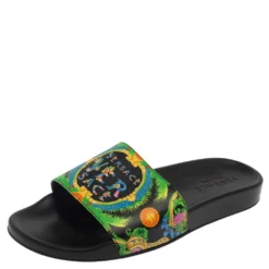 Versace Green Printed Leather Slide Sandals Size 43 For Men