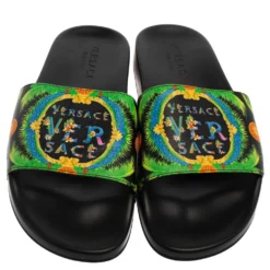 Versace Green Printed Leather Slide Sandals Size 43 For Men -Versace Official Website luxury men versace used shoes p378147 005