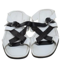 Versace White Leather Crossover Slide Sandals Size 43 For Men -Versace Official Website luxury men versace used shoes p387351 003