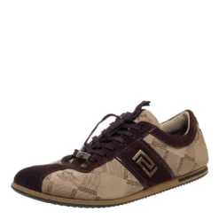 Versace Beige/Brown Suede And Canvas Low Top Sneakers Size 43 For Men