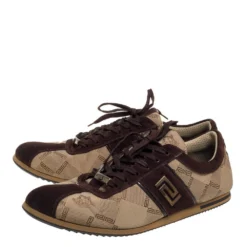 Versace Beige/Brown Suede And Canvas Low Top Sneakers Size 43 For Men -Versace Official Website luxury men versace used shoes p397648 007