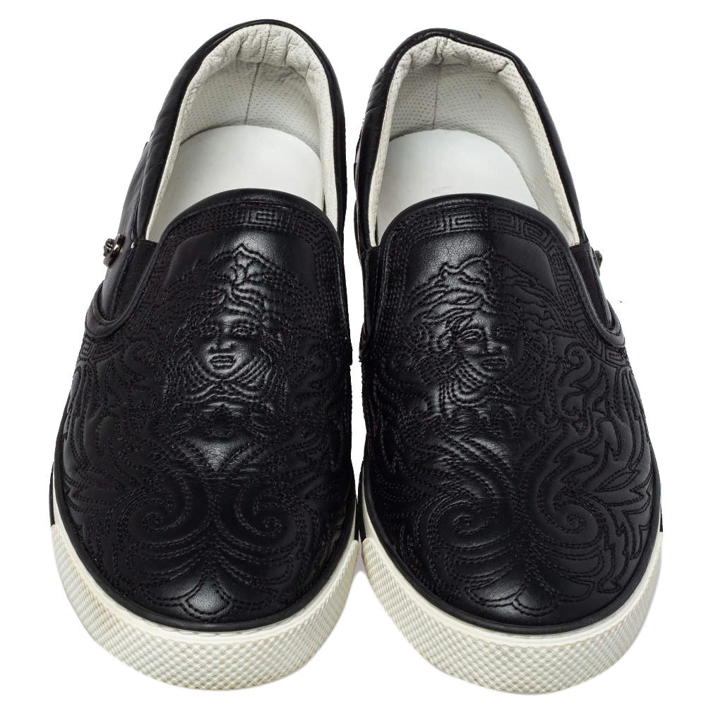 Versace Black Baroque Embroidered Leather Slip On Sneakers Size 44 For Men 3 Versace Black Baroque Embroidered Leather Slip On Sneakers Size 44 For Men - Image 3
