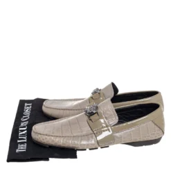 Versace Grey Croc Embossed Leather And Patent Leather Medusa Slip On Loafers Size 41 For Men -Versace Official Website luxury men versace used shoes p406992 001
