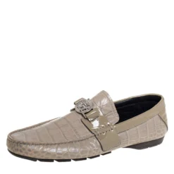 Versace Grey Croc Embossed Leather And Patent Leather Medusa Slip On Loafers Size 41 For Men