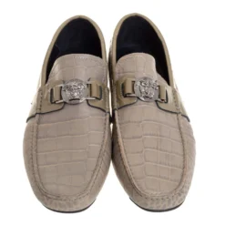 Versace Grey Croc Embossed Leather And Patent Leather Medusa Slip On Loafers Size 41 For Men -Versace Official Website luxury men versace used shoes p406992 006